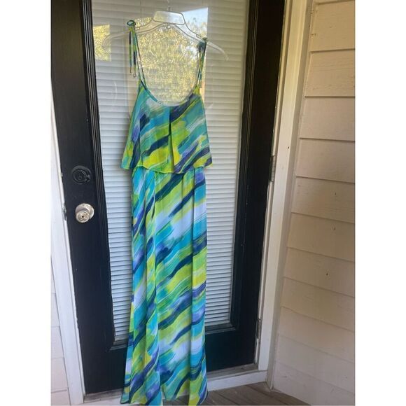 NWT Calvin Klein Spaghetti Strap Maxi Dress Blue/ Green Size 6 ruffled layer - Picture 12 of 13
